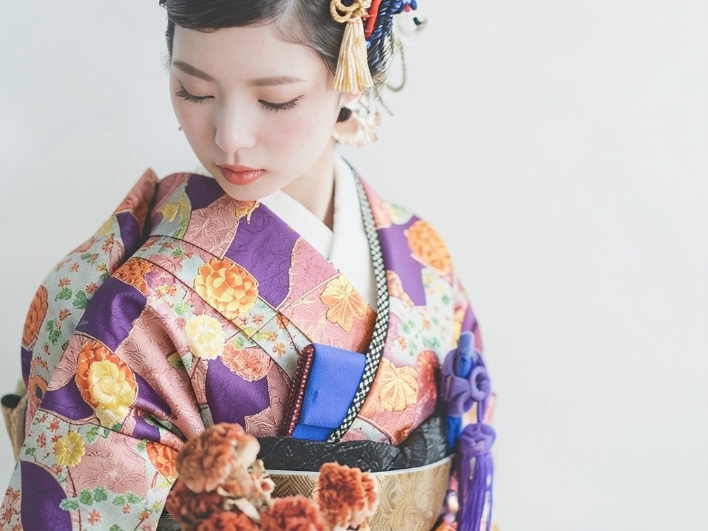 錦紗地紙に草花模様着物（着用イメージ）
