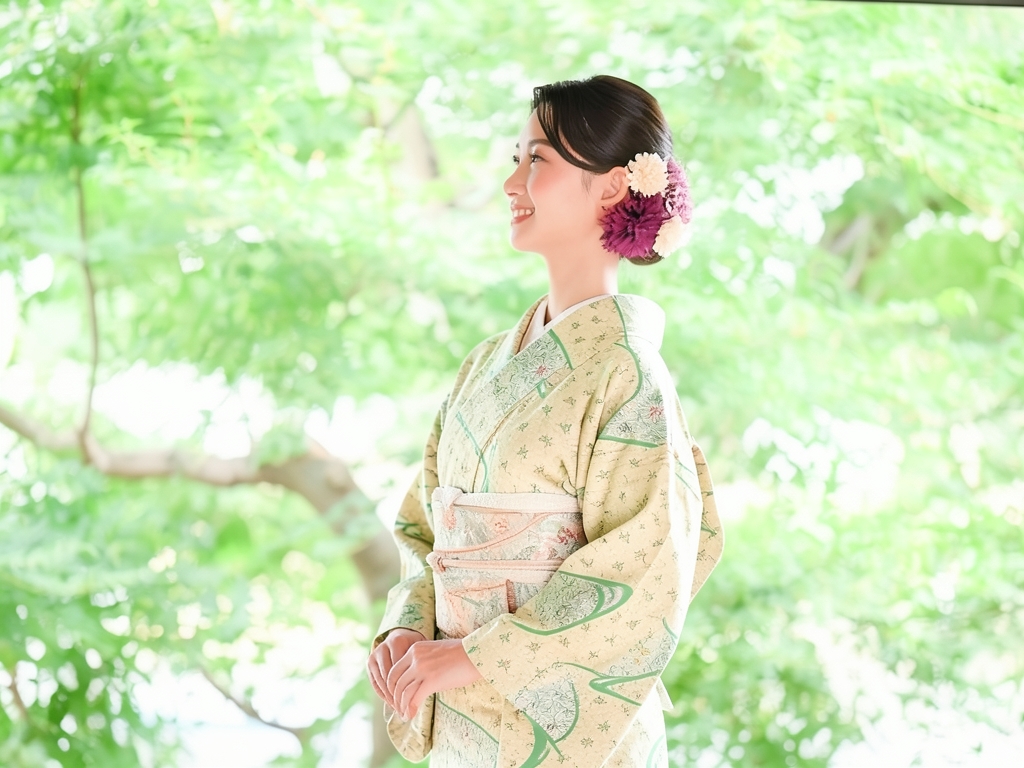 型染 草葉・蝶模様着物（着用イメージ）