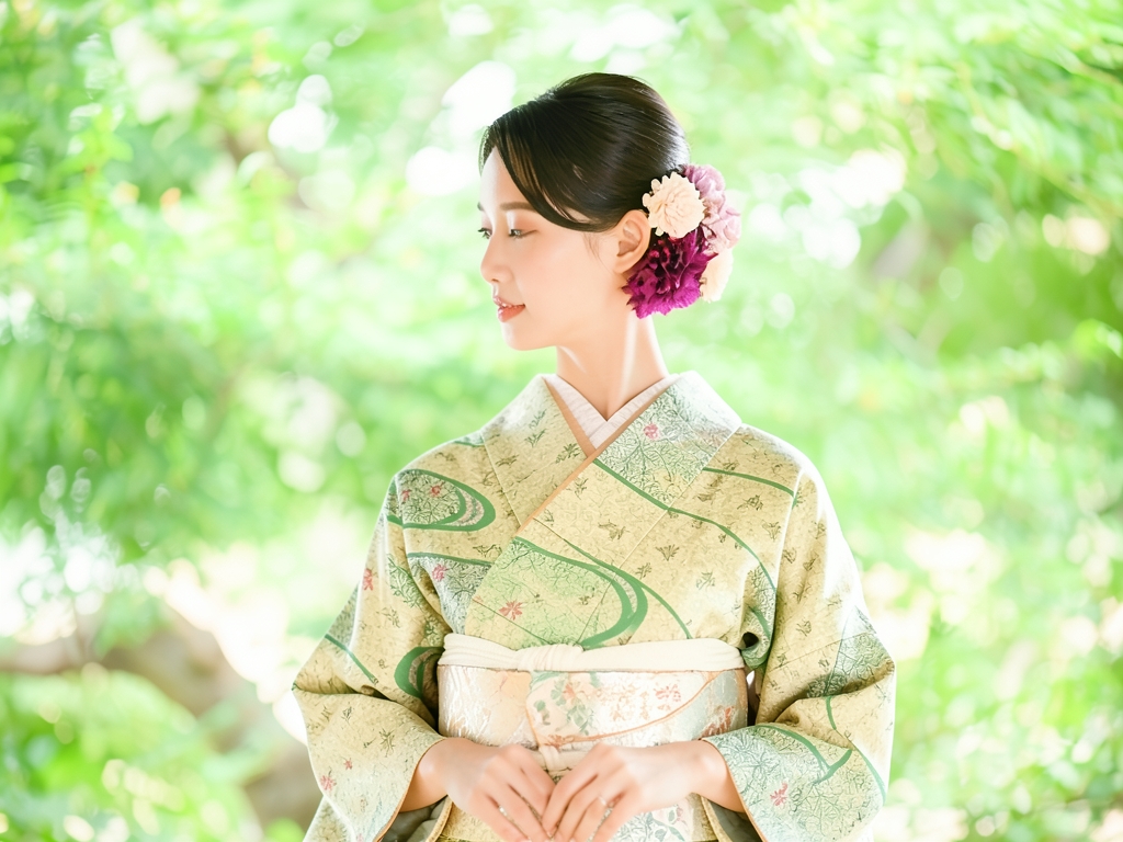 型染 草葉・蝶模様着物（着用イメージ）