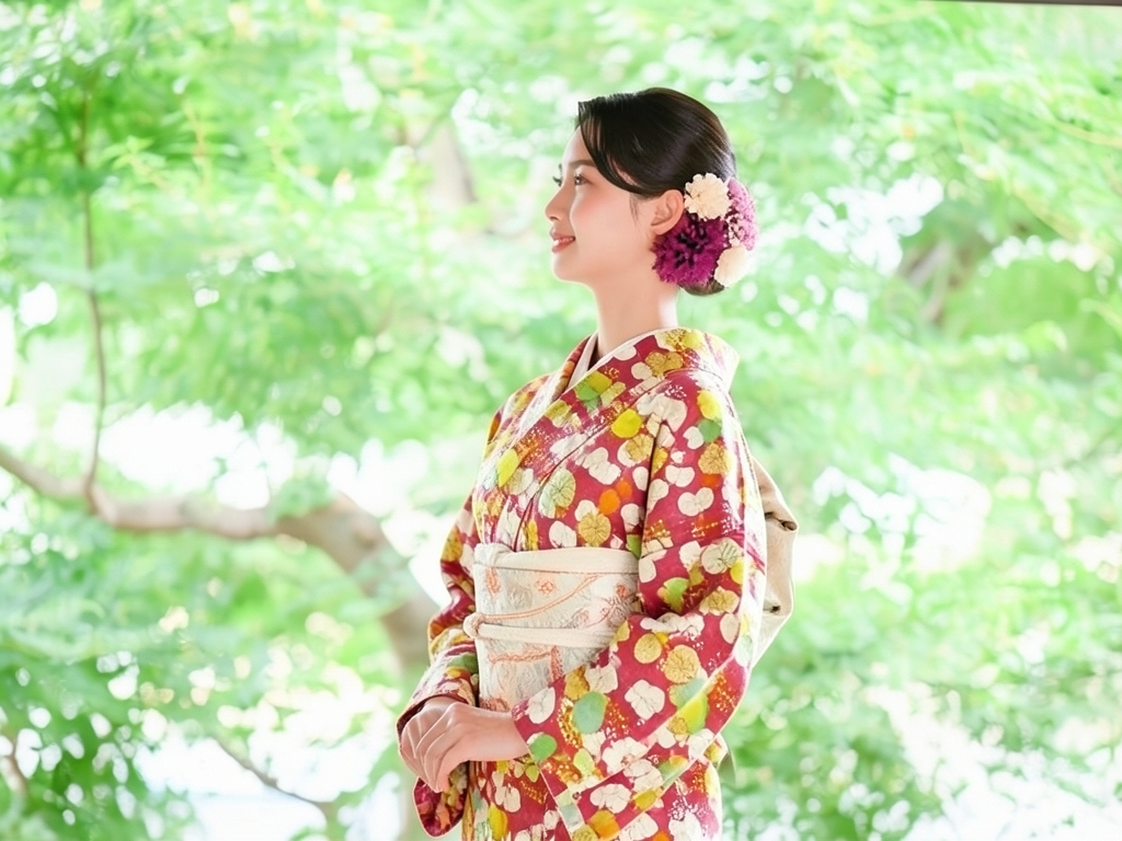 Aoi pattern kimono with crest brocade (worn)
