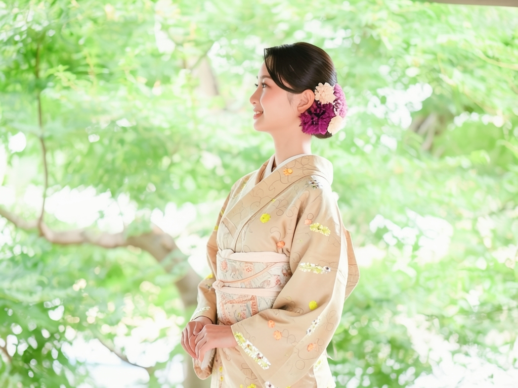 紋錦紗 楓に菊・橘模様刺繍着物（着用イメージ）