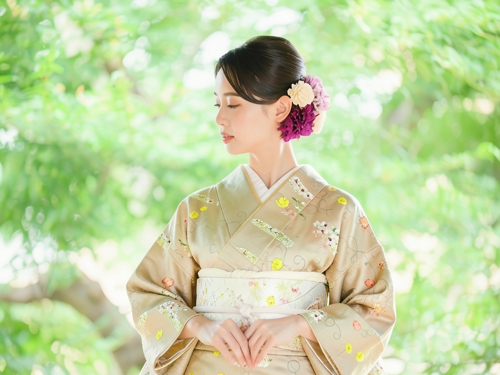 紋錦紗 楓に菊・橘模様刺繍着物（着用イメージ）