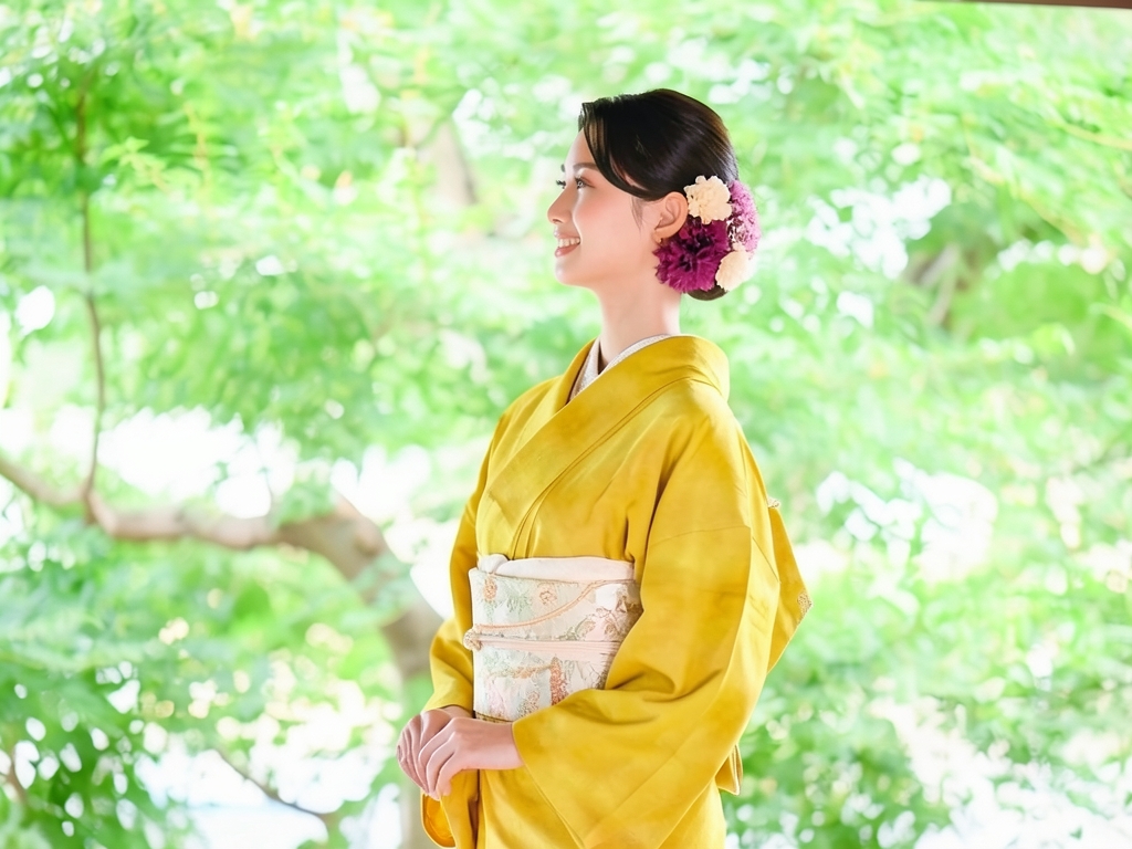 松葉青海波模様織り出し一つ紋付け下げ色無地着物【色無地】（着用イメージ）