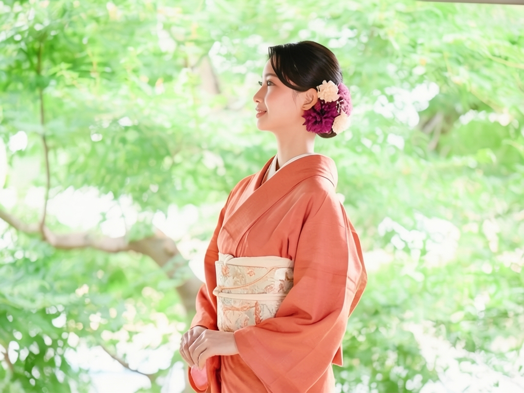 草木染 菊模様織り出し一つ紋色無地着物（着用イメージ）