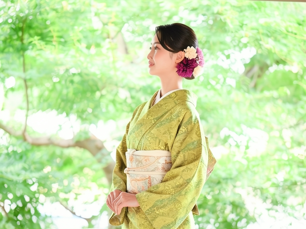 花更紗模様上代紬着物（着用イメージ）