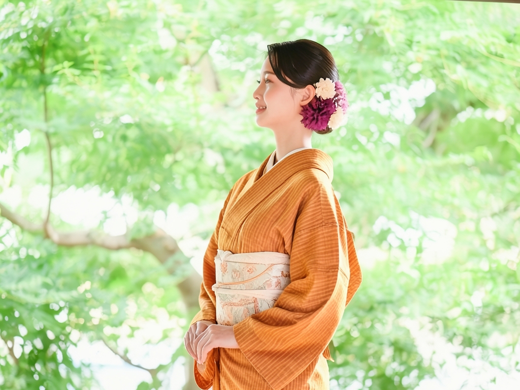格子模様織り出し米沢紬着物（着用イメージ）