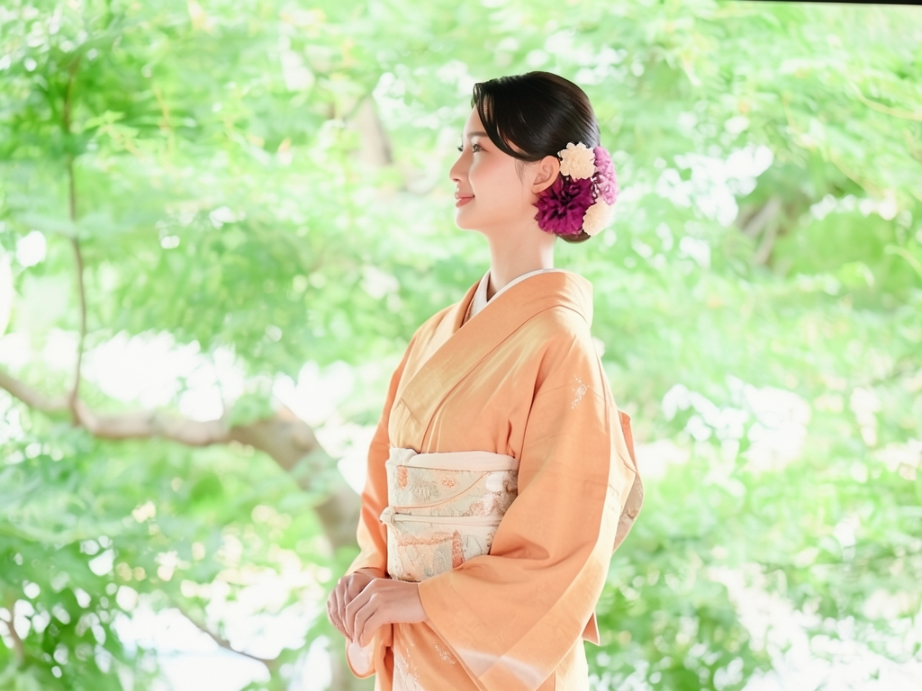 鼓に蝶・草花模様刺繍訪問着（着用イメージ）