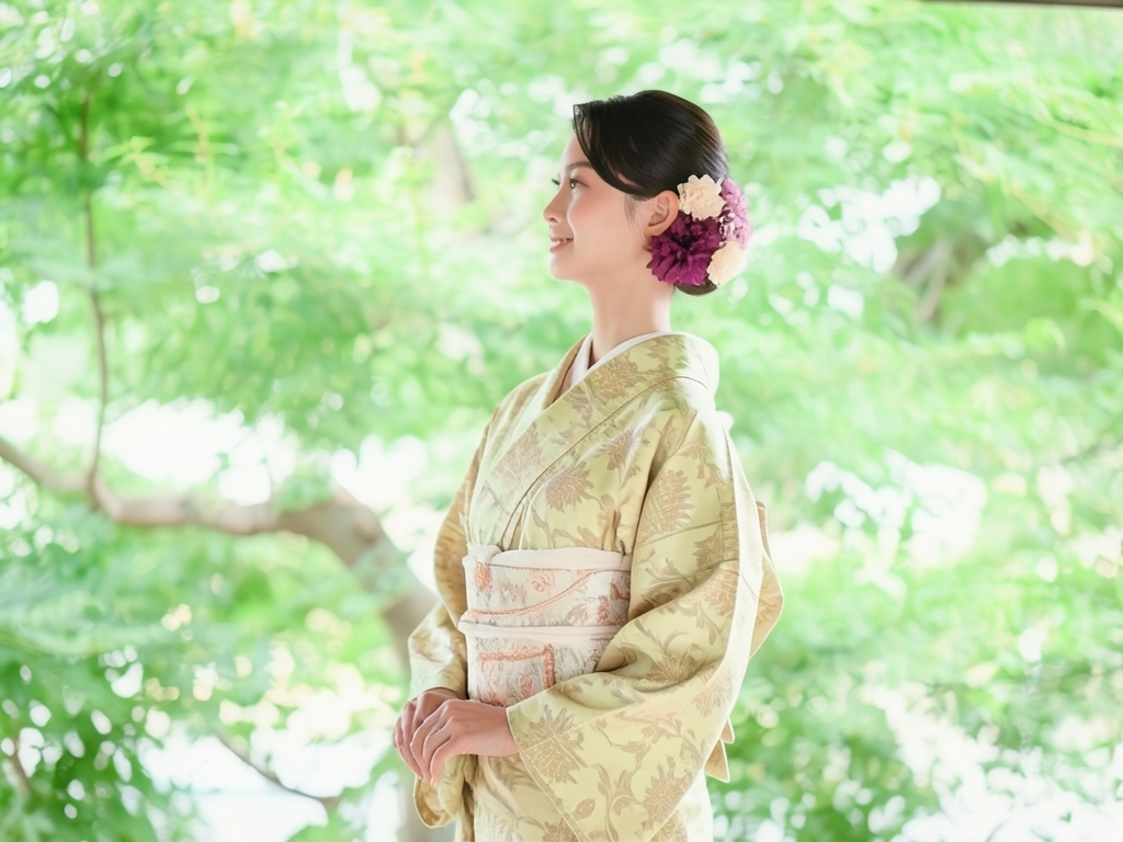 花唐草模様織り出し十日町紬着物（着用イメージ）