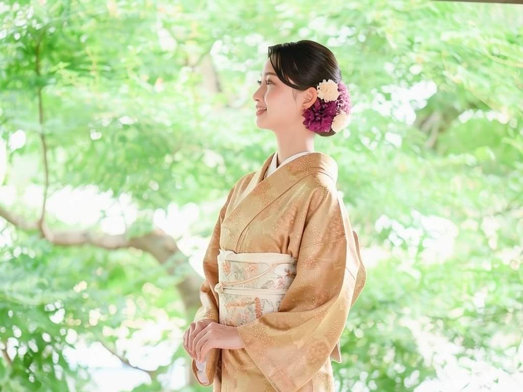 色紙に草花模様小紋着物