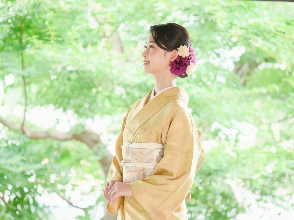 樹木模様織出しぼかし小紋着物
