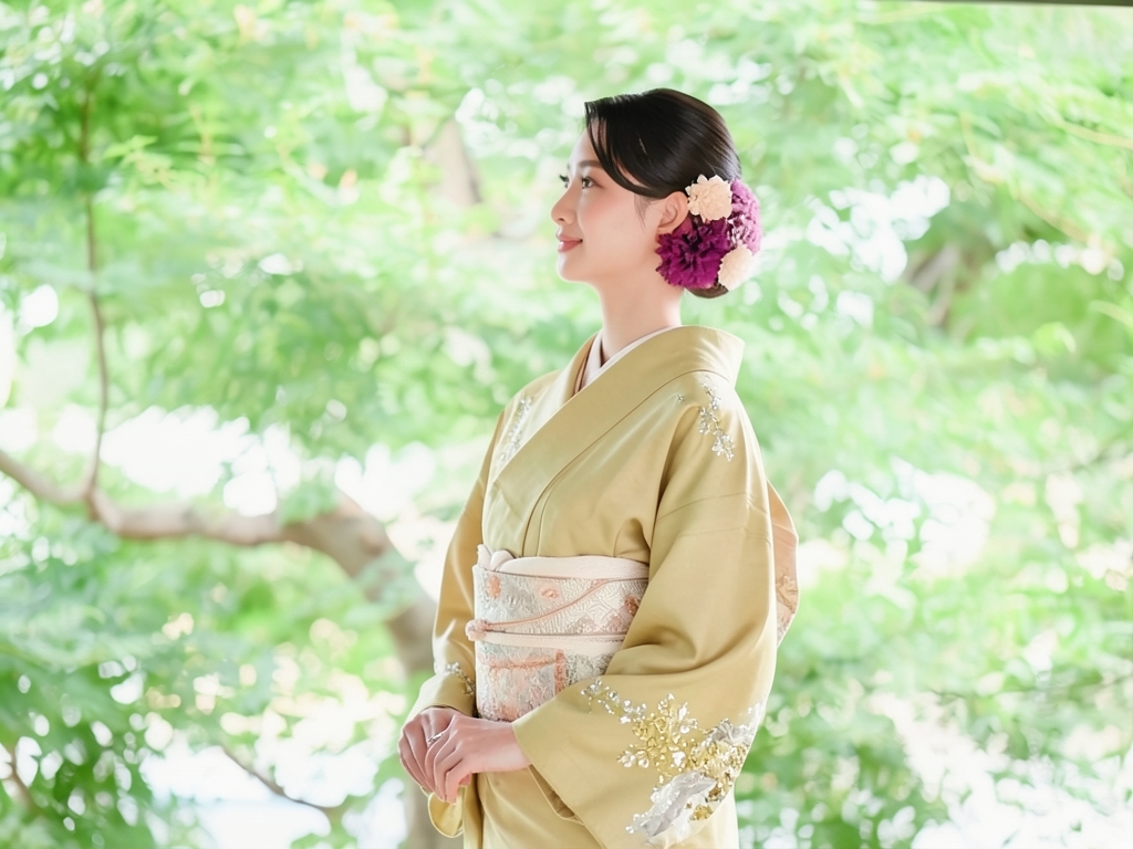 菊に松笹模様刺繍三つ紋色留袖（着用イメージ）