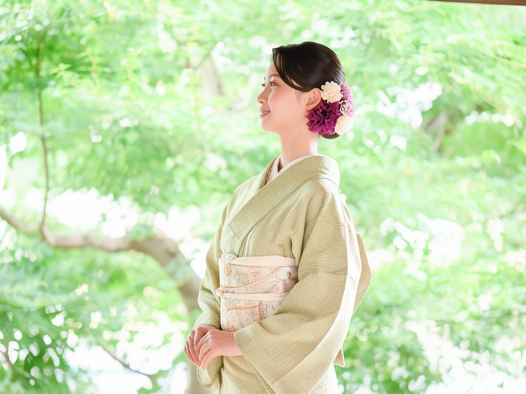 縞にのり散らし模様着物