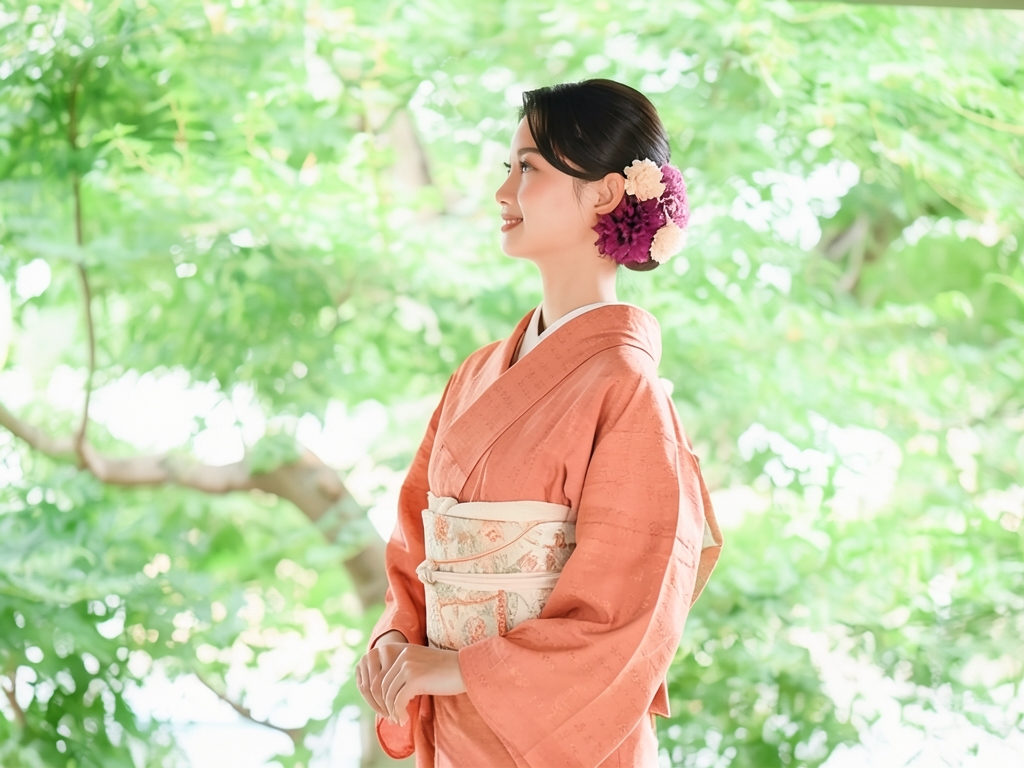 紗綾型に花模様織り出し一つ紋色無地着物（着用イメージ）
