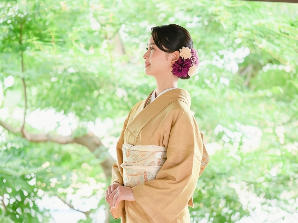 花模様織り出し一つ紋色無地着物（着用イメージ）