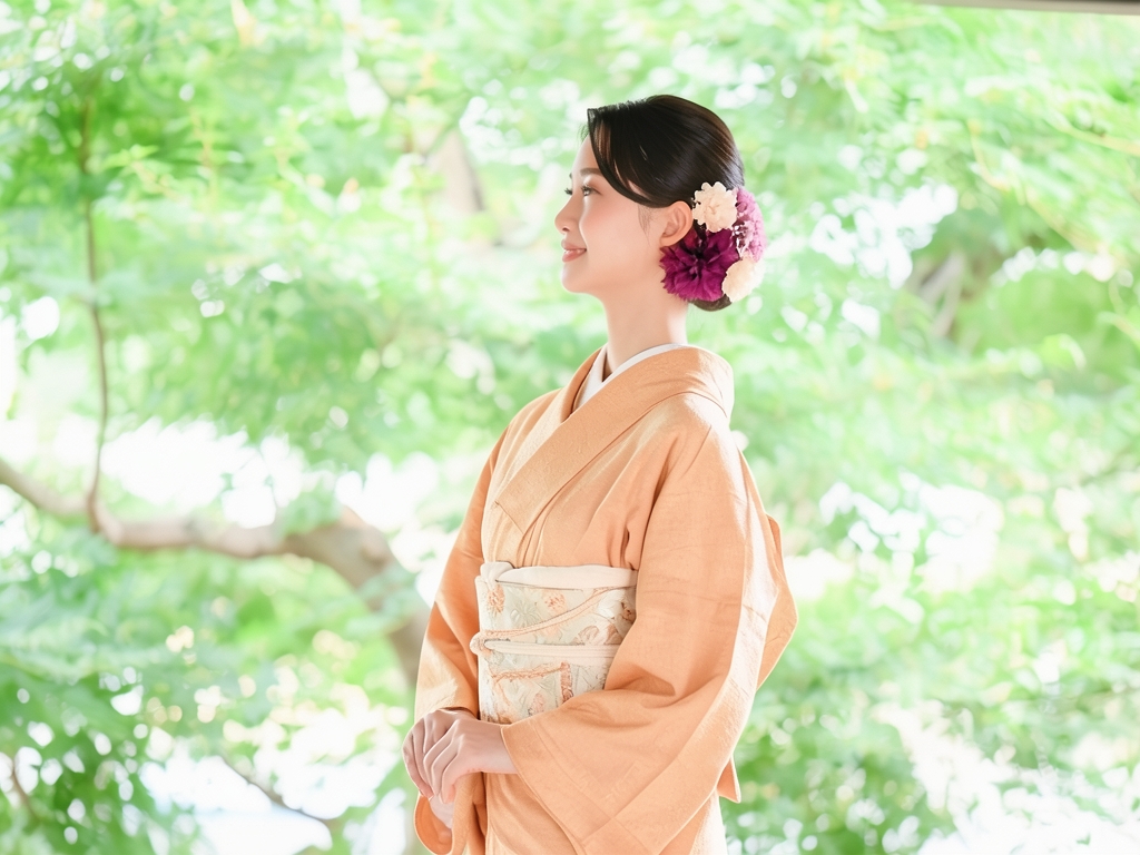 氷割れ模様織り出し色無地着物（着用イメージ）