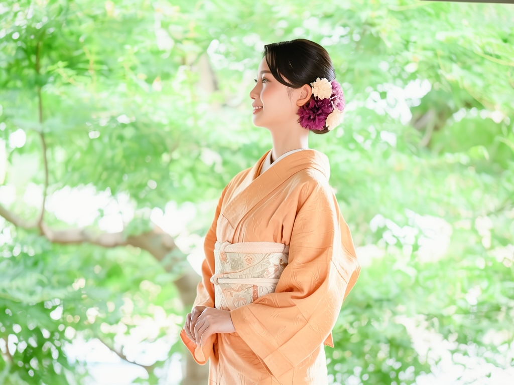 未使用品 織り柄一つ紋色無地着物（着用イメージ）