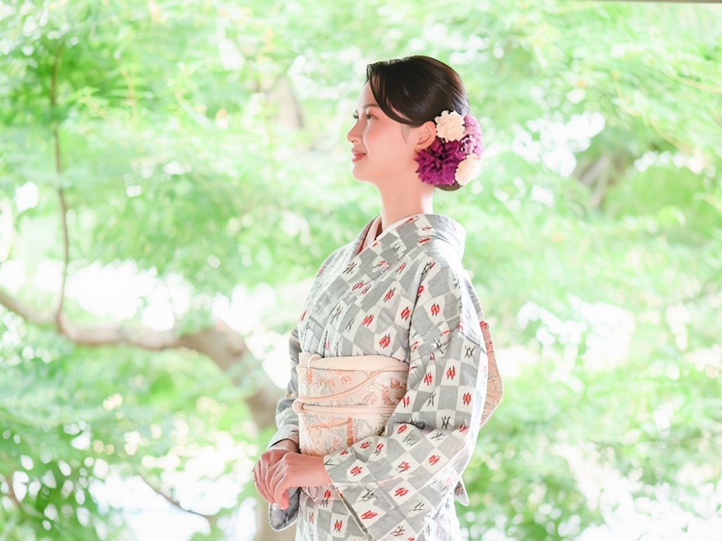 市松に抽象模様織出しお召単衣着物（着用イメージ）