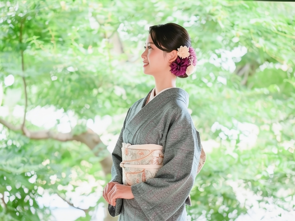 抽象花模様着物（着用イメージ）