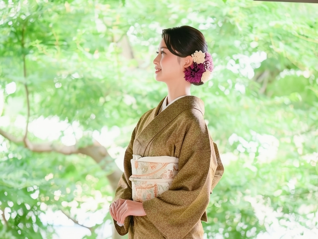 花唐草模様織り出し着物（着用イメージ）