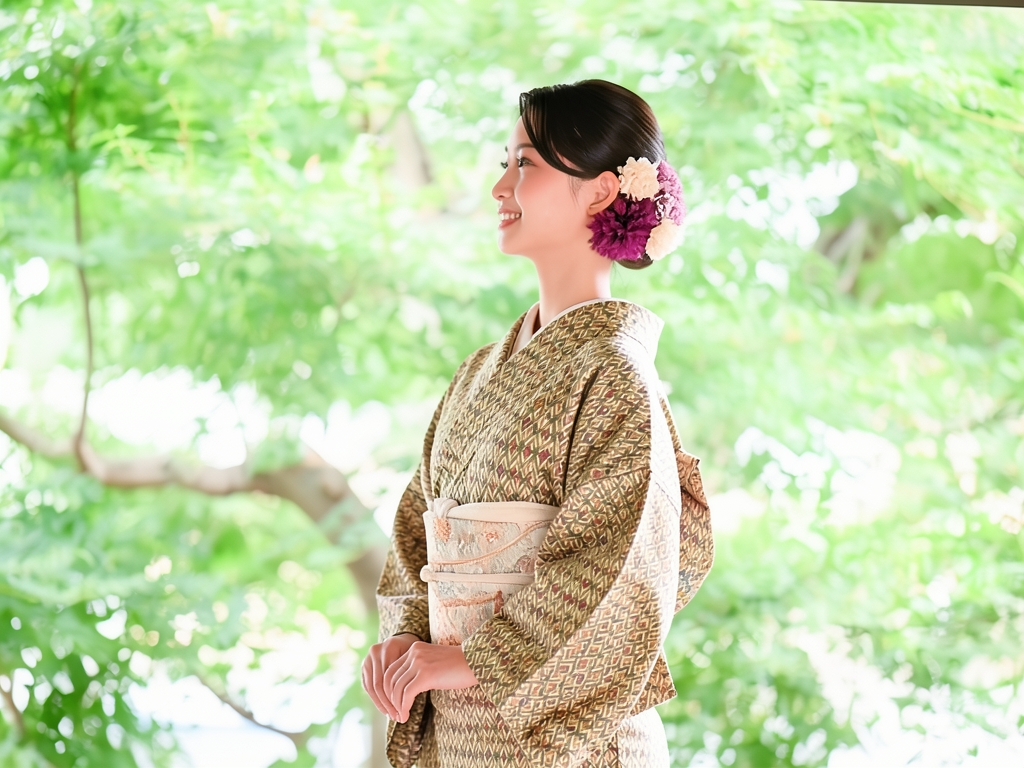 斜め格子に十字模様織り出しお召着物（着用イメージ）