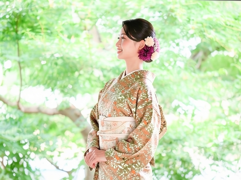 錦紗花鳥模様着物（着用イメージ）