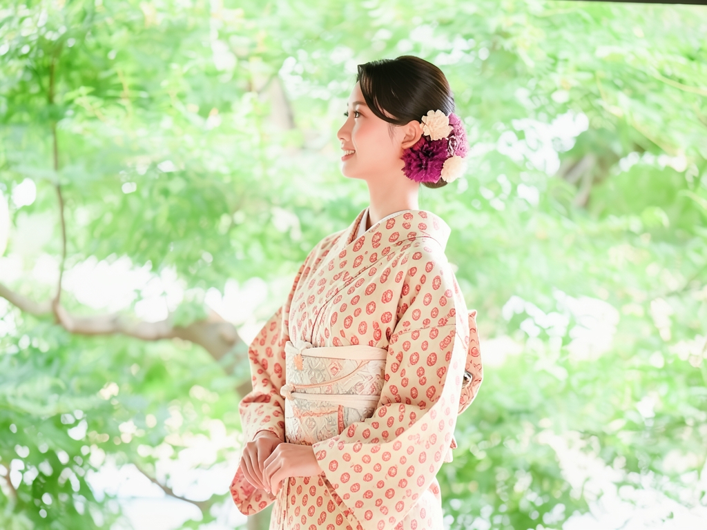亀甲に花模様織出し着物（着用イメージ）