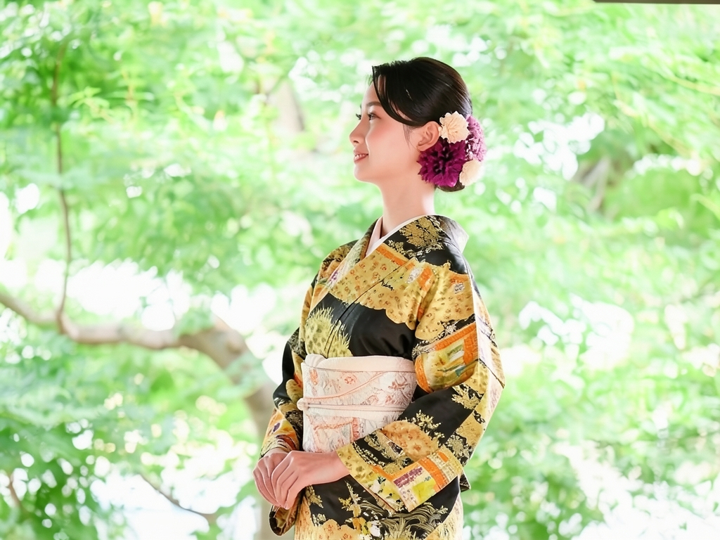 綸子幕に松菊模様刺繍五つ紋引きずり（着用イメージ）
