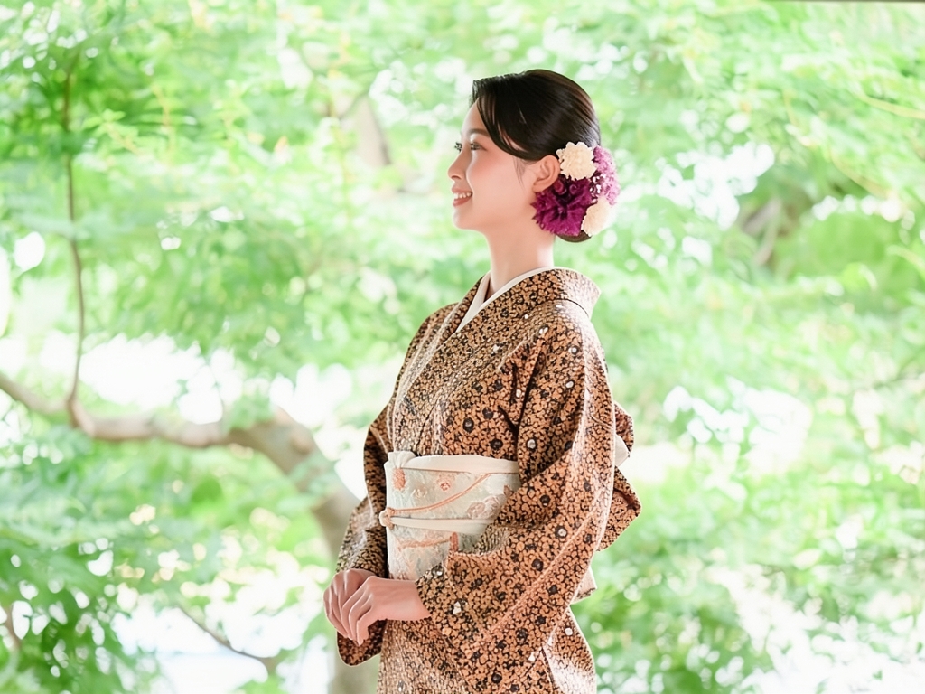 花唐草模様織出し着物（着用イメージ）