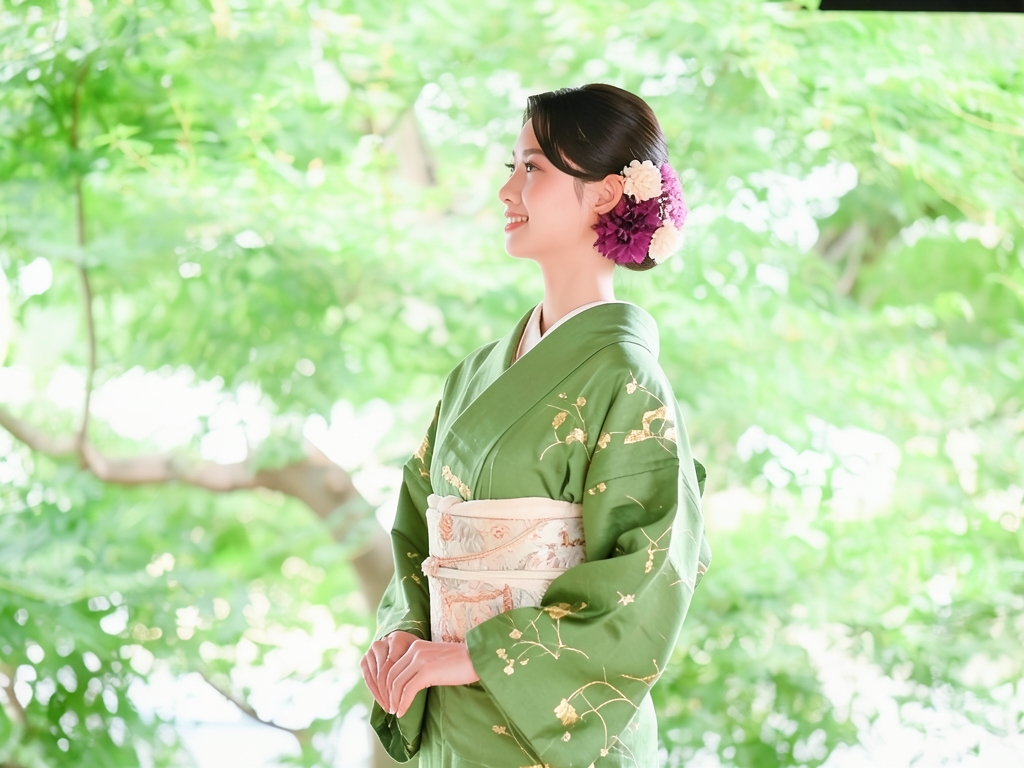 金彩鶴に楓・松竹梅模様刺繍訪問着（着用イメージ）