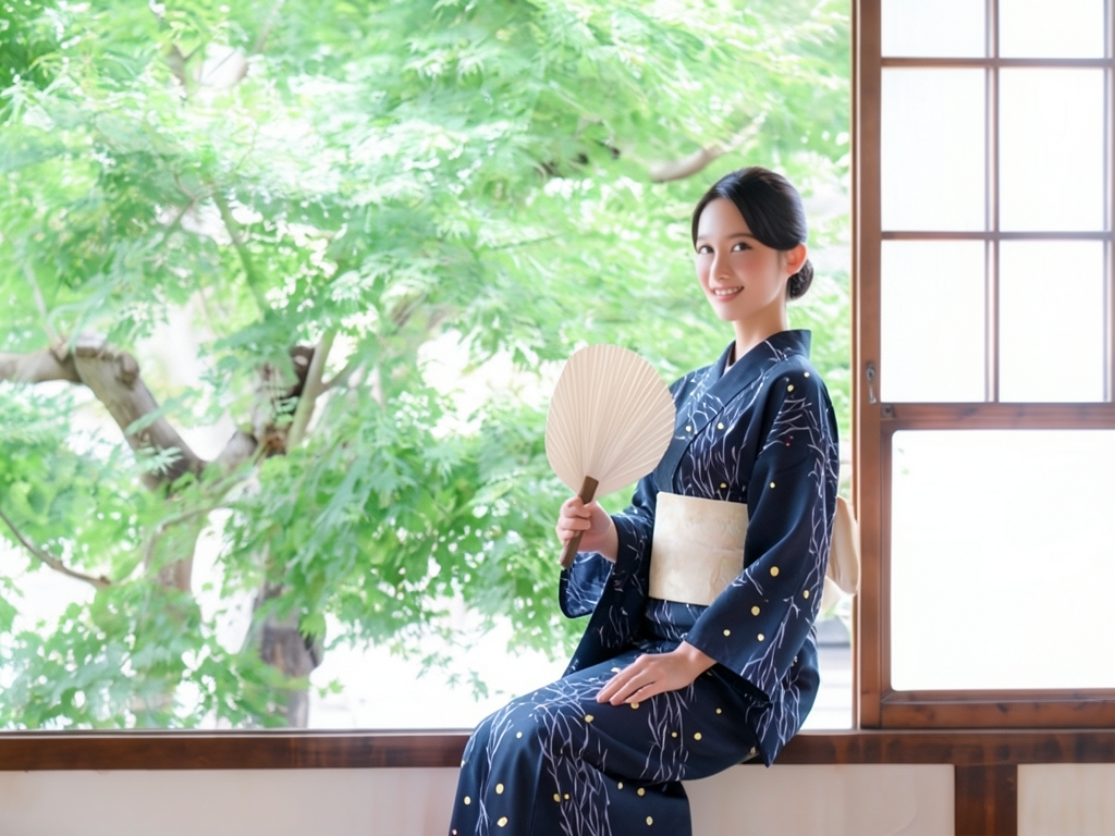 浴衣 生地 耳あり ゆかた 反物 源氏物語 濃紺地・ホタル柄・No.29（女 浴衣）