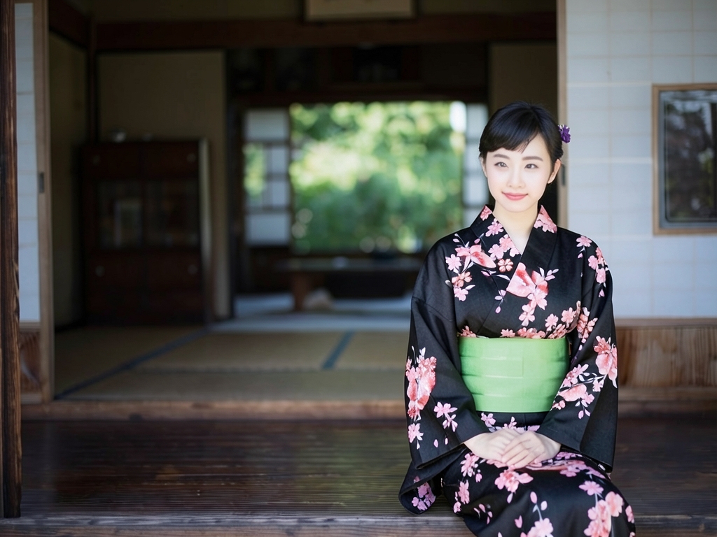 教材用 ゆかた 未仕立て品 耳なし(耳がほつれにくい加工済)浴衣 反物 生地 No.31 チョウ・サクラ柄・黒地（女 浴衣）
