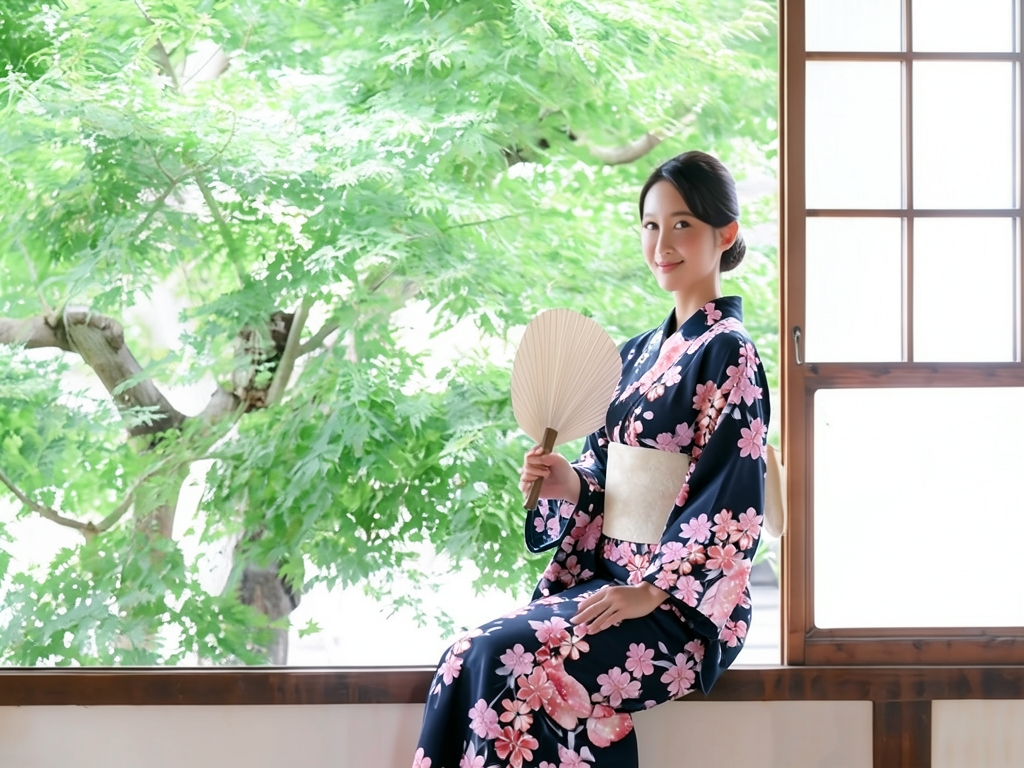 教材用 ゆかた 未仕立て品 耳なし(耳がほつれにくい加工済)浴衣 反物 生地 No.31 チョウ・サクラ柄・黒地（女 浴衣）