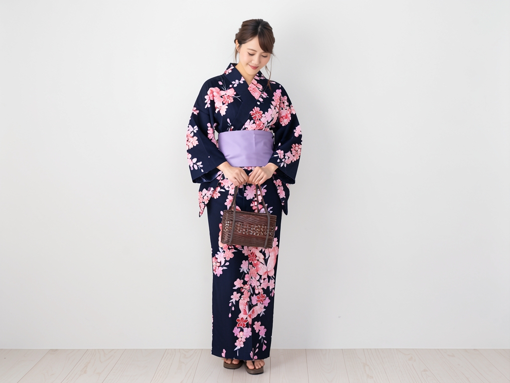 教材用 ゆかた 未仕立て品 耳なし(耳がほつれにくい加工済)浴衣 反物 生地 No.31 チョウ・サクラ柄・黒地（女 浴衣）