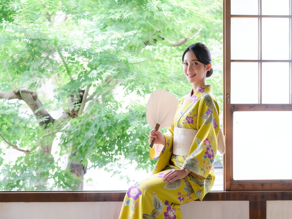 ゆかた 生地 両面染め 浴衣 反物 耳あり No.33 ツツジ柄・カラシ地（女 浴衣）