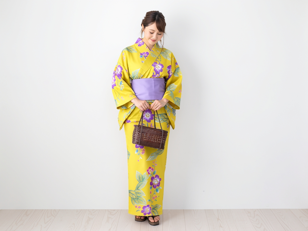 ゆかた 生地 両面染め 浴衣 反物 耳あり No.33 ツツジ柄・カラシ地（女 浴衣）