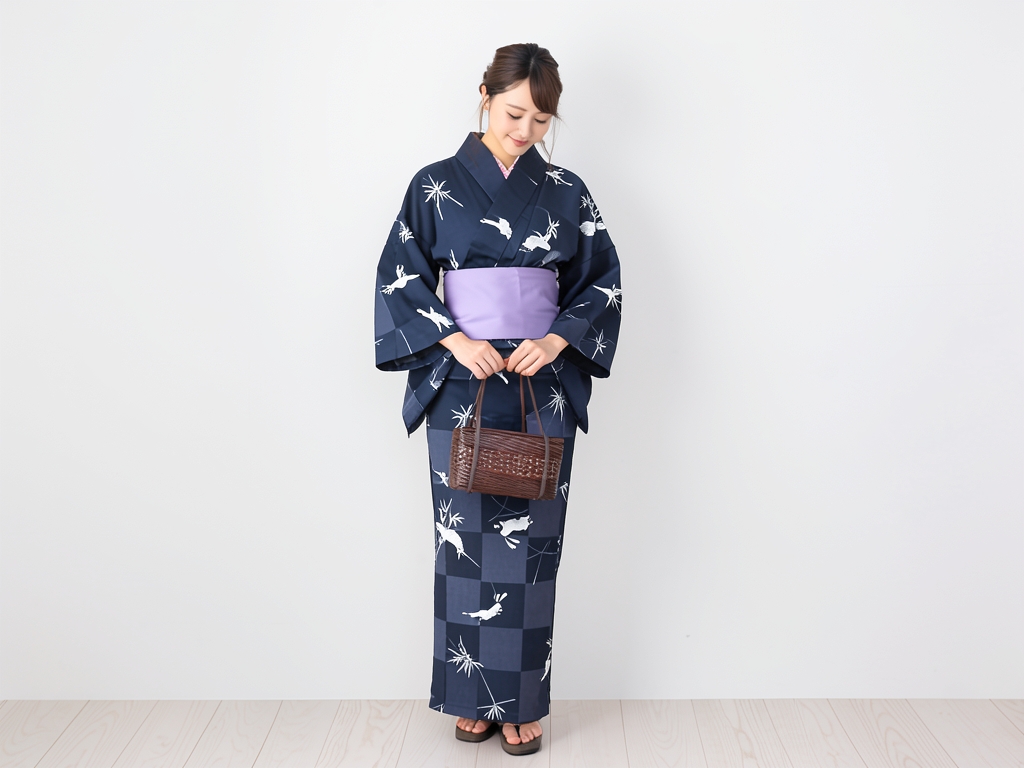 浴衣 生地 耳有りゆかた 反物 No.37濃紺地・ウサギ・市松柄 巾39.5cm（女 浴衣）