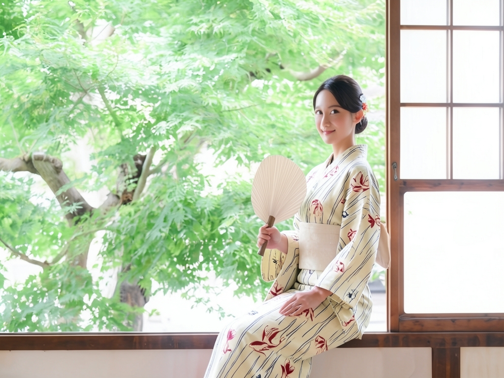 ゆかた生地・両面染め・耳有り浴衣 反物 源氏物語 金魚柄・クリーム地・No.39（女 浴衣）