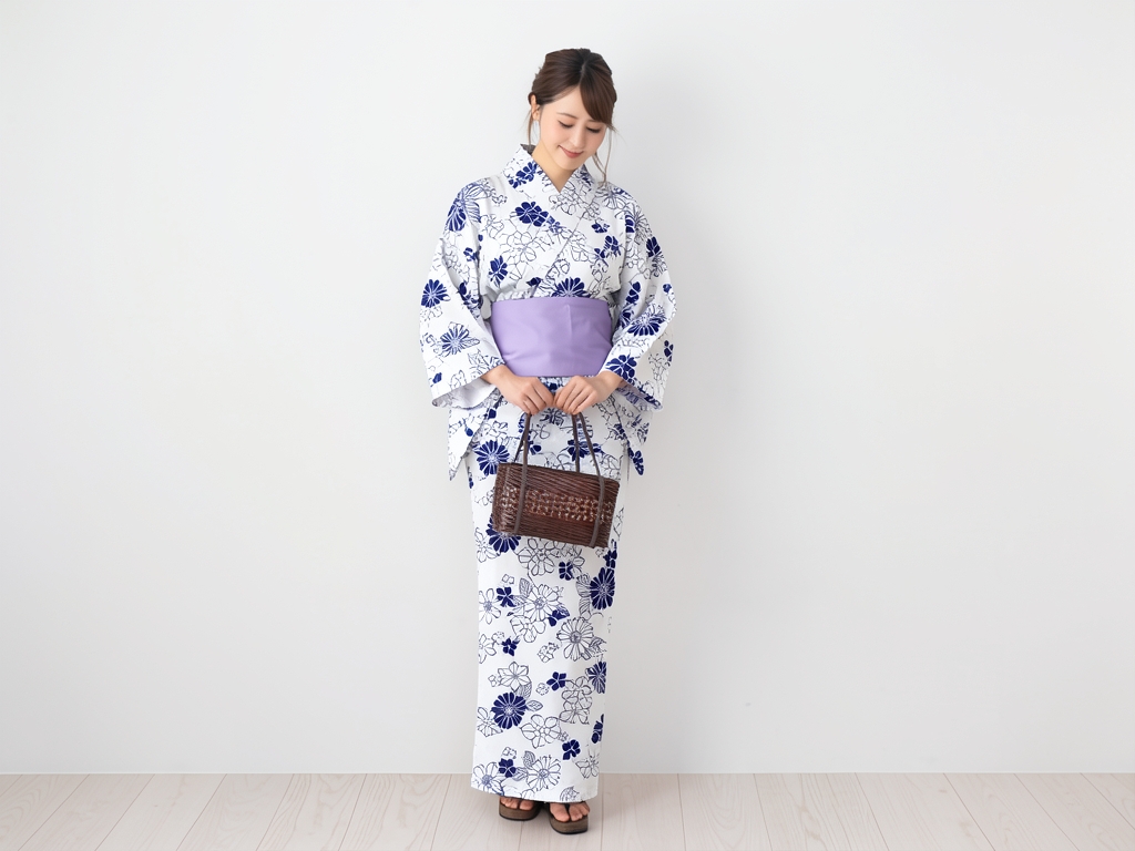 白紺 ゆかた 生地・未仕立て品浴衣 反物 耳有り 白地・テッセン柄・No.41（女 浴衣）