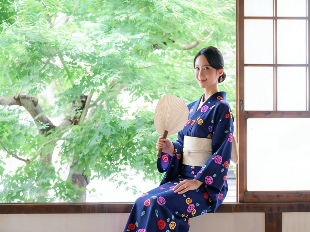 ゆかた 生地 浜松注染浴衣 反物 耳あり No.48バラ柄・濃紺地（女 浴衣）