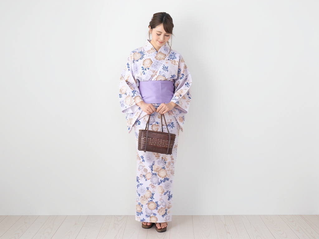 クインサイズ(巾40cm) ゆかた 生地 浴衣 反物 綿絽 No.49 牡丹柄・オフホワイト地（女 浴衣）