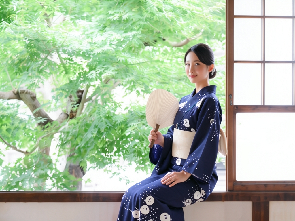 女物 ゆかた 生地浴衣 反物 レディース No.51 濃紺地・ツバキ柄 両面染め 耳あり（女 浴衣）