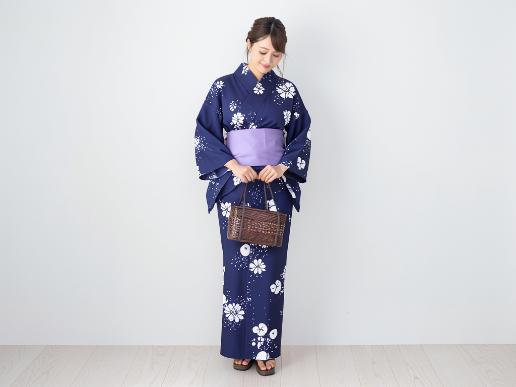 女物 ゆかた 生地浴衣 反物 レディース No.51 濃紺地・ツバキ柄 両面染め 耳あり（女 浴衣）