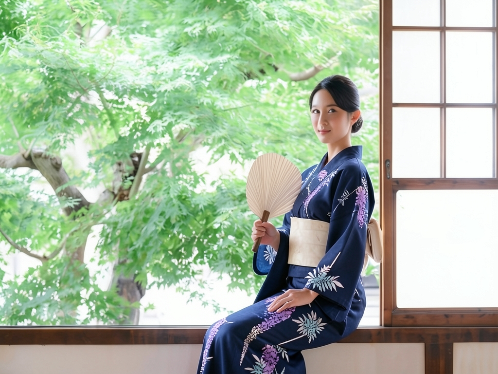 ゆかた 生地 耳あり 両面染め浴衣 反物 綿絽 黒地・フジ柄・No.56（女 浴衣）