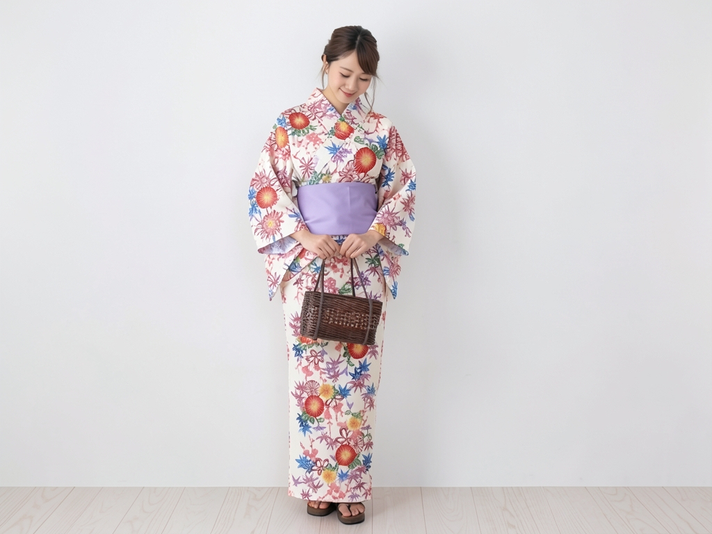 浴衣 生地 耳あり クインサイズ(巾39cm)ゆかた 反物 No.59 キク柄・オフホワイト地（女 浴衣）