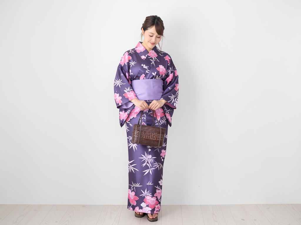 金彩加工 生地 耳なし(ほつれにくい加工済み)浴衣 反物 レディース No.61 紫紺地・キキョウ柄（女 浴衣）