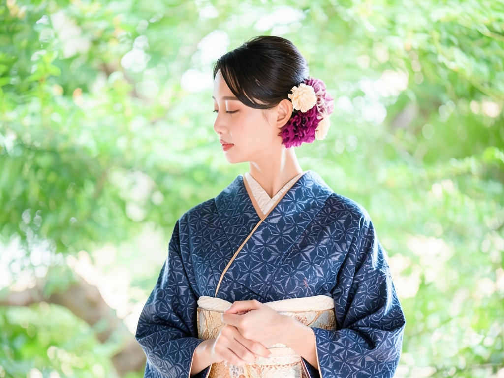 久留米絣　きもの生地　久留米かすり　反物　 麻の葉柄・濃紺地（女 着物）