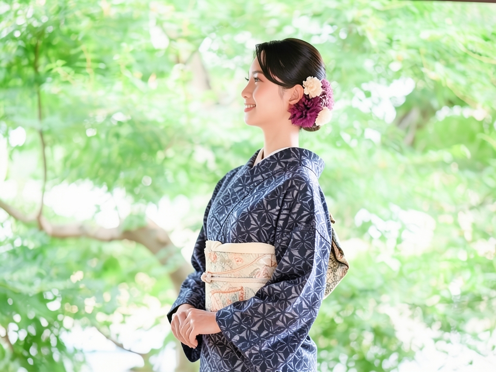 久留米絣　きもの生地　久留米かすり　反物　 麻の葉柄・濃紺地（女 着物）