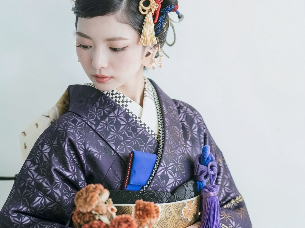 久留米絣　きもの生地　久留米かすり　反物　 麻の葉柄・濃紺地（女 着物）