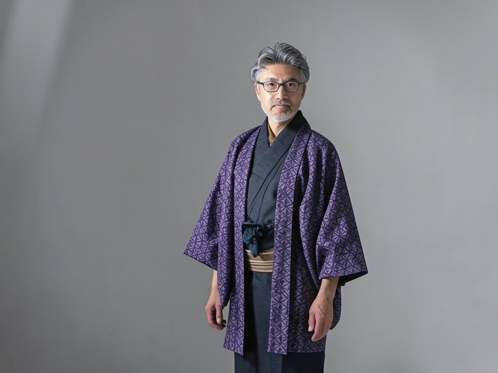 久留米絣　きもの生地　久留米かすり　反物　 麻の葉柄・濃紺地（男 羽織）