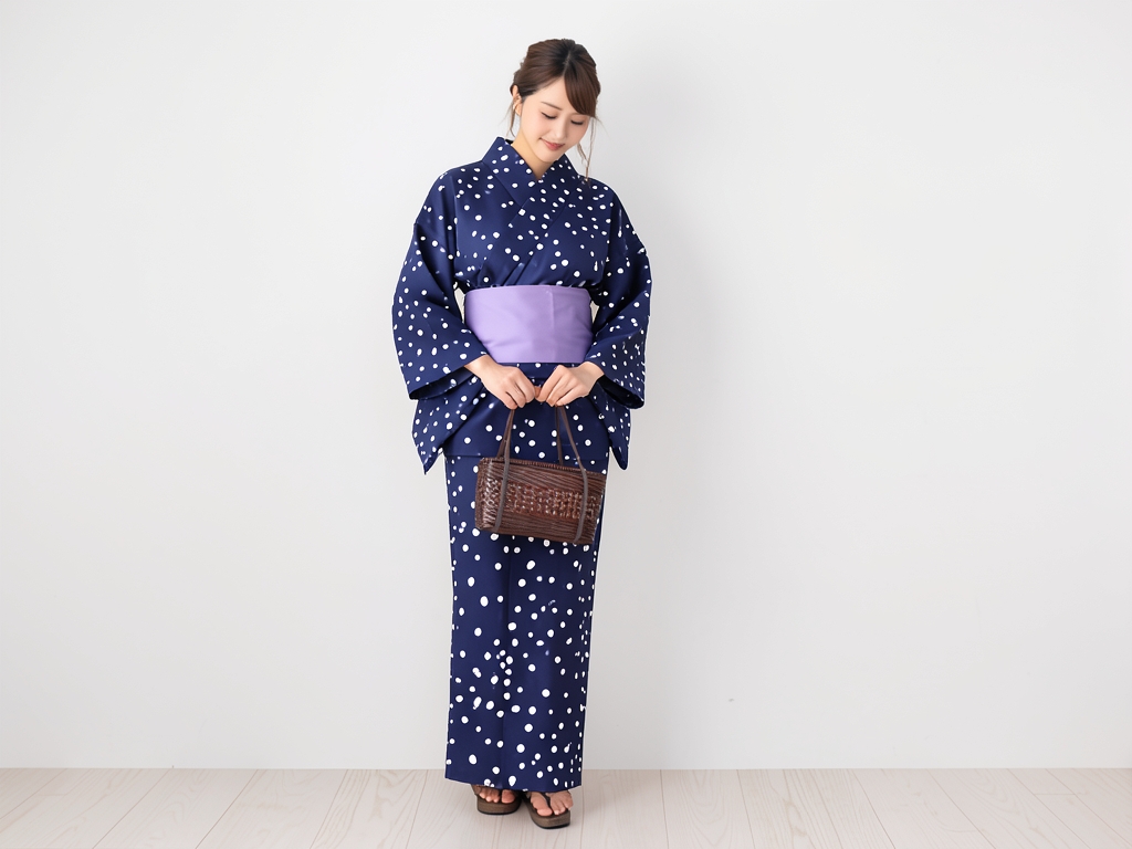 ゆかた 生地 未仕立て品 浴衣 反物 耳有り ドット柄・濃紺地・No.65（女 浴衣）